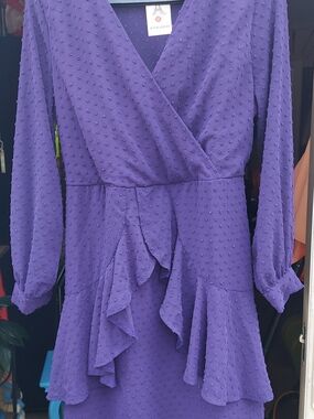 Purple Textured Ruffle Wrap Long Sleeve Dress